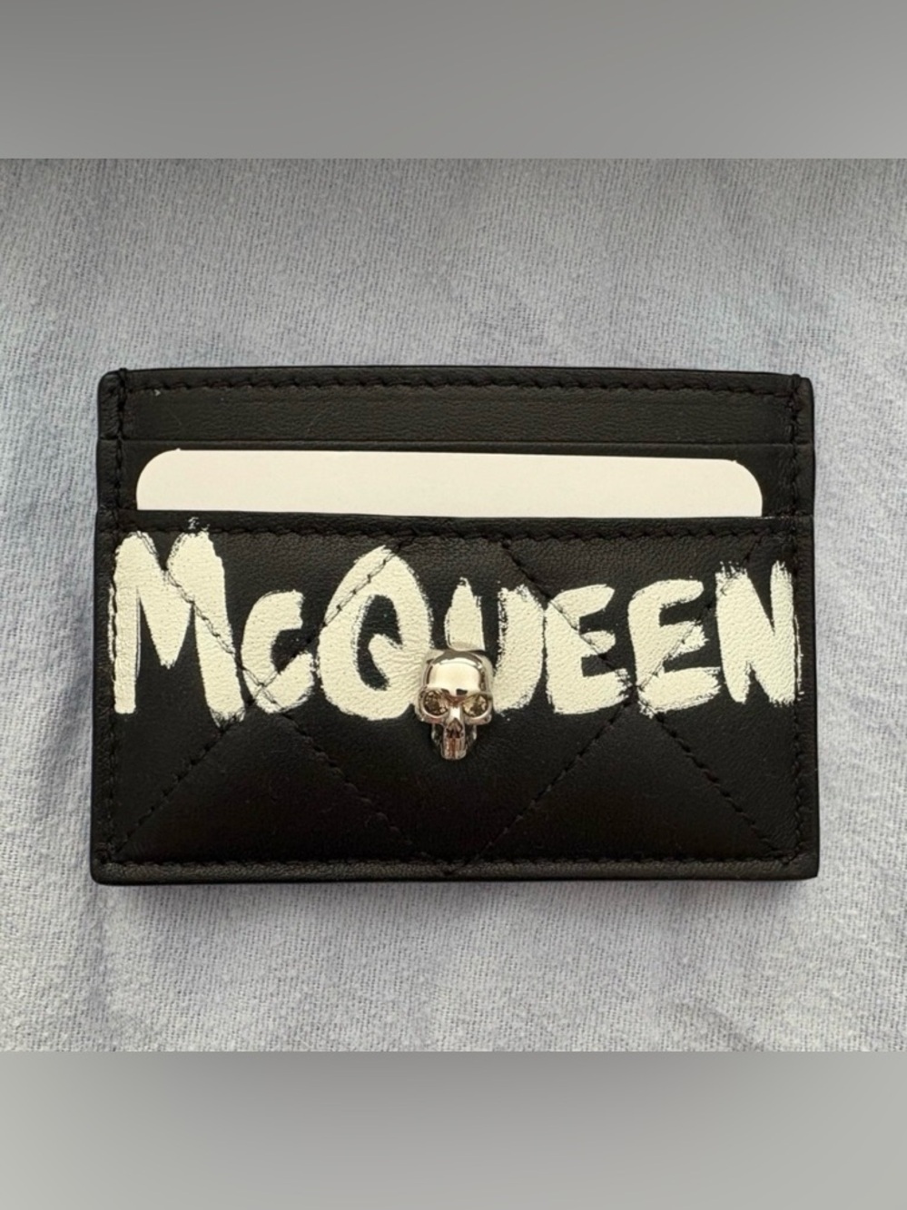 Alexander McQueen Black Card Holder with White Graffiti Logo and Silver Skull